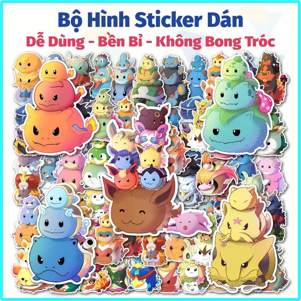 Bộ 40 Sticker Dán Mẫu Pokemon Ú - Sticker Dán Chống Nước Trang Trí Laptop, Bình Nước, Sổ Tay, Mũ Bảo Hiểm...