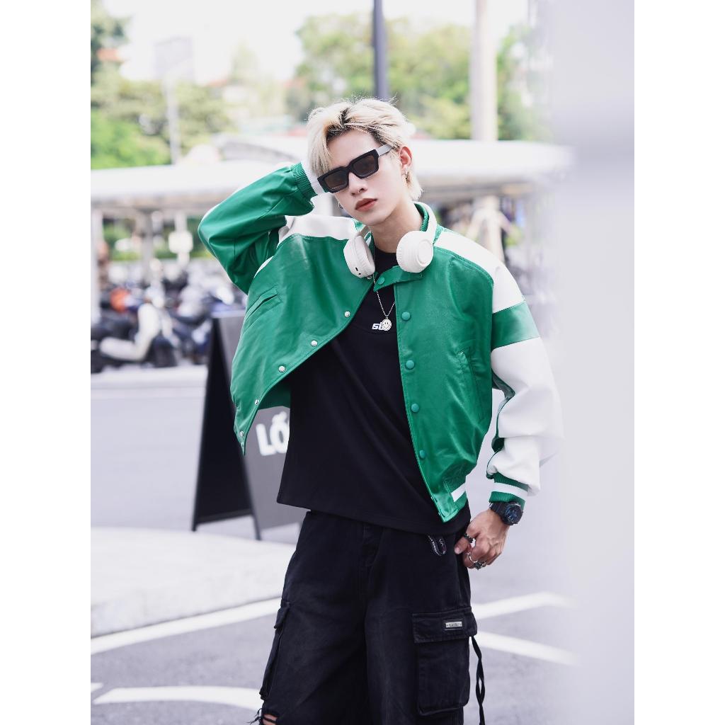 Áo khoác da dáng Crop GREEN Jacket STEVE, Áo khoác nam Màu xanh mix trắng chất liệu da PU cao cấp nhập khẩu