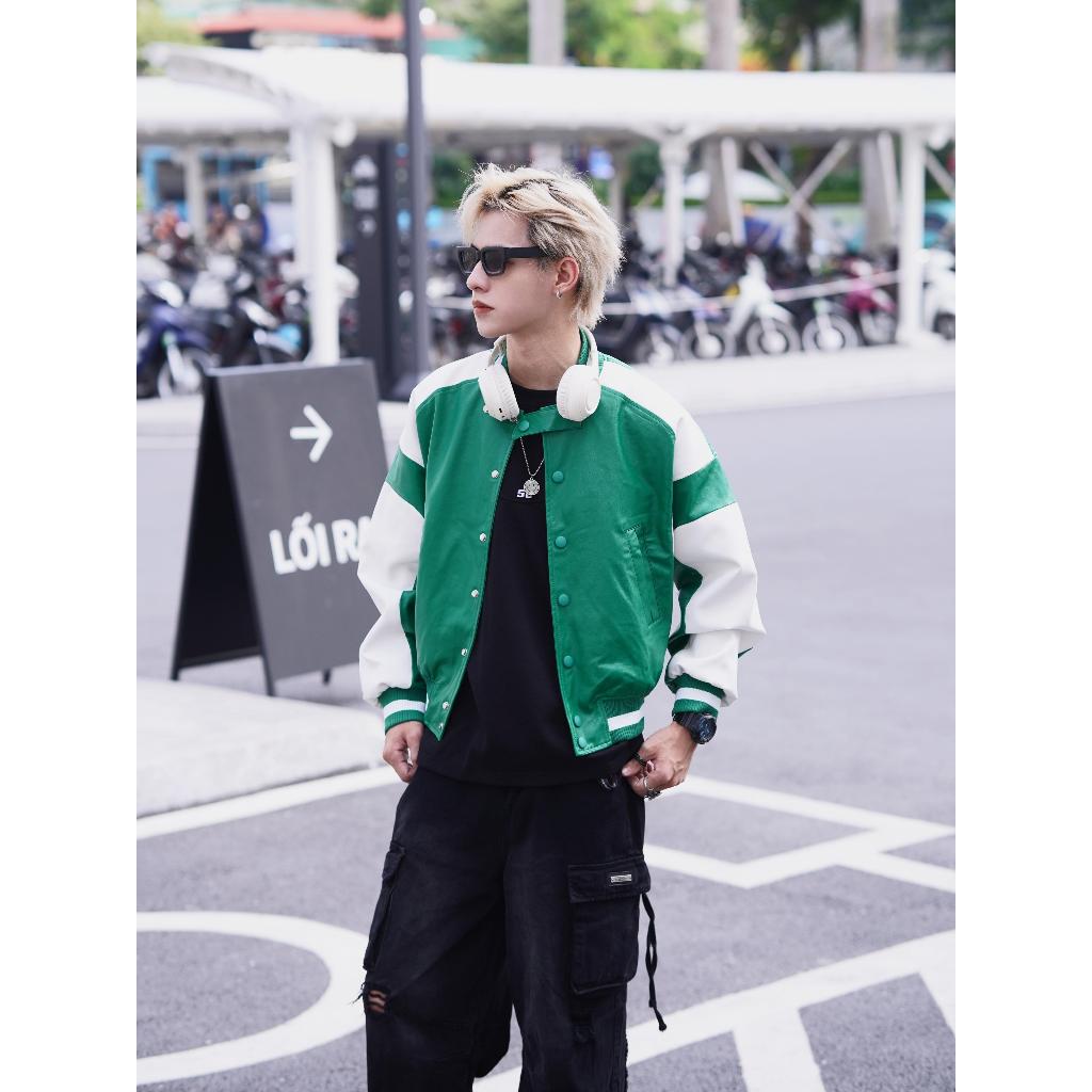 Áo khoác da dáng Crop GREEN Jacket STEVE, Áo khoác nam Màu xanh mix trắng chất liệu da PU cao cấp nhập khẩu