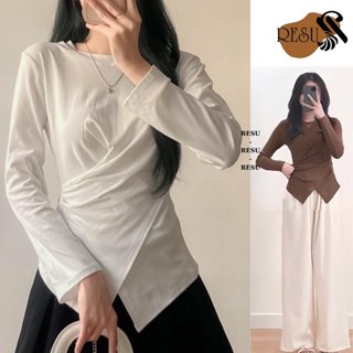 Áo thun xoắn eo tay dài cổ tròn vạt nhọn chéo thun gân dày dặn phong cách Hàn Quốc Resu