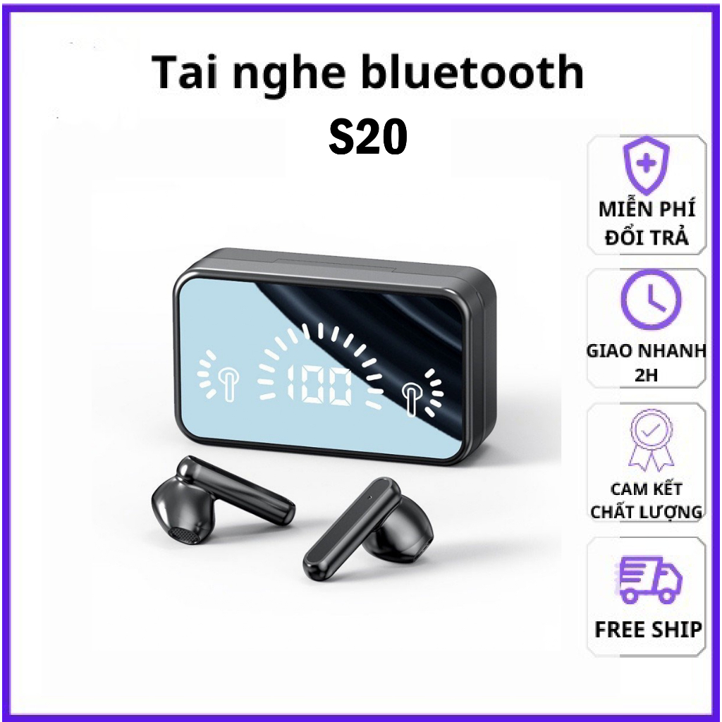 Tai nghe Bluetooth S20 mặt gương LED, tai nghe nhết tai không núm cao su