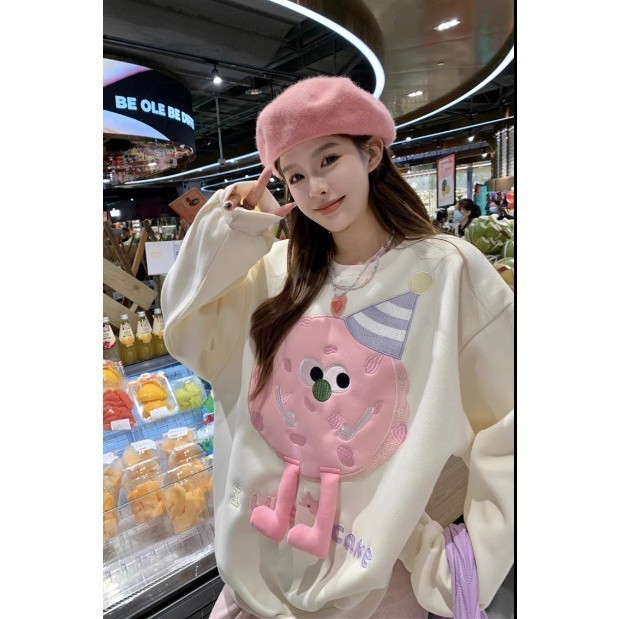 Áo sweater Màu Mơ Cổ Tròn Nhỏ, Áo nỉ dài tay họa tiết hoạt hình cute