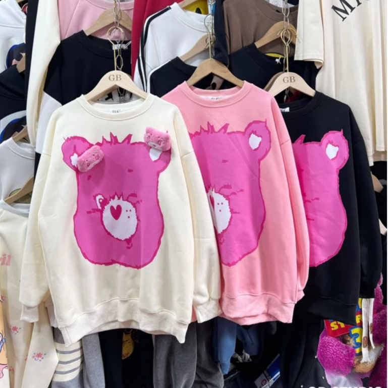 Áo Sweater gấu dâu, Áo Nỉ Phối Gấu Losto Dày Dặn Dáng Rộng Oversize Màu Xinh