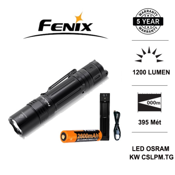 Đèn pin FENIX PD32 V2.0 độ sáng 1200 lm chiếu xa 395m pin Fenix 18650 2600mAh kèm sạc Vapcell Q1