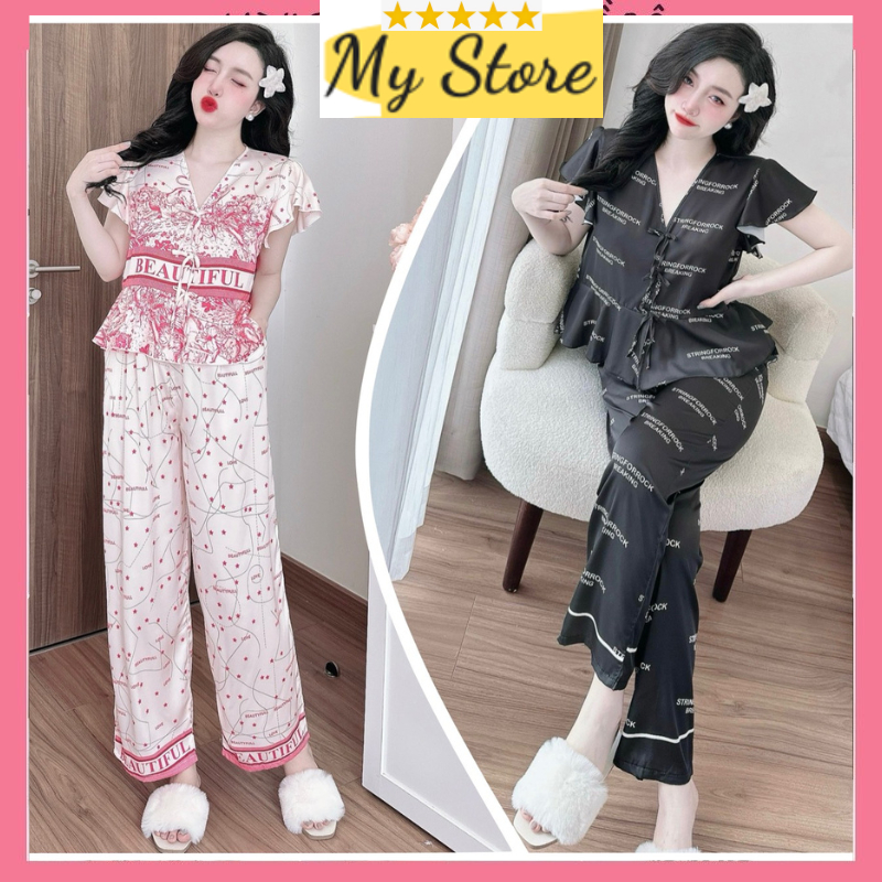 Set đồ nữ mặc nhà đẹp tay ngắn quần dài vải lụa latin 3D mềm mát hàng thiết kế freesize