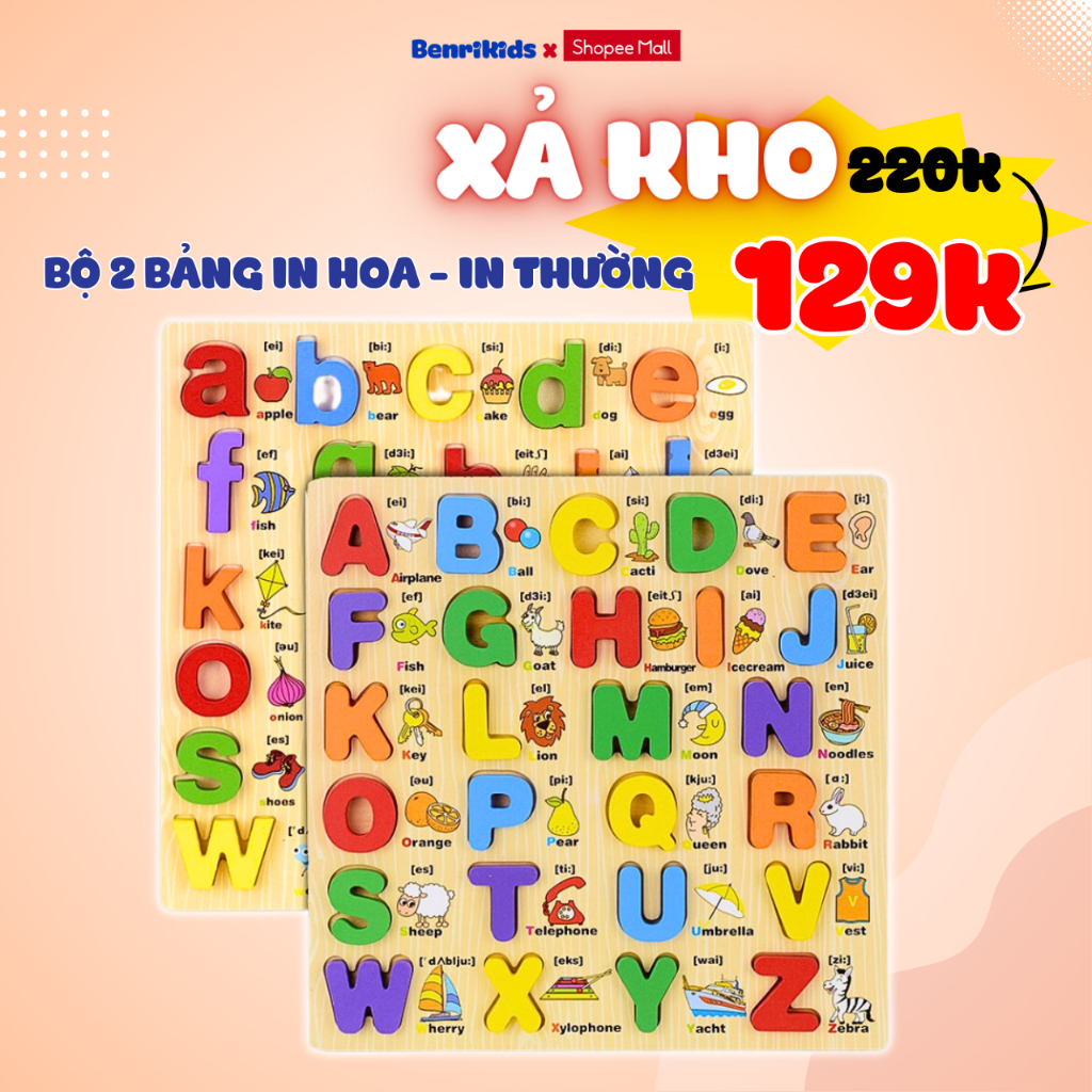 Bộ 2 Bảng Chữ Cái Song Ngữ In Hoa, In Thường Cho Bé Học Chữ Tiếng Anh, Đồ Chơi Ghép Chữ Bằng Gỗ Benrikids