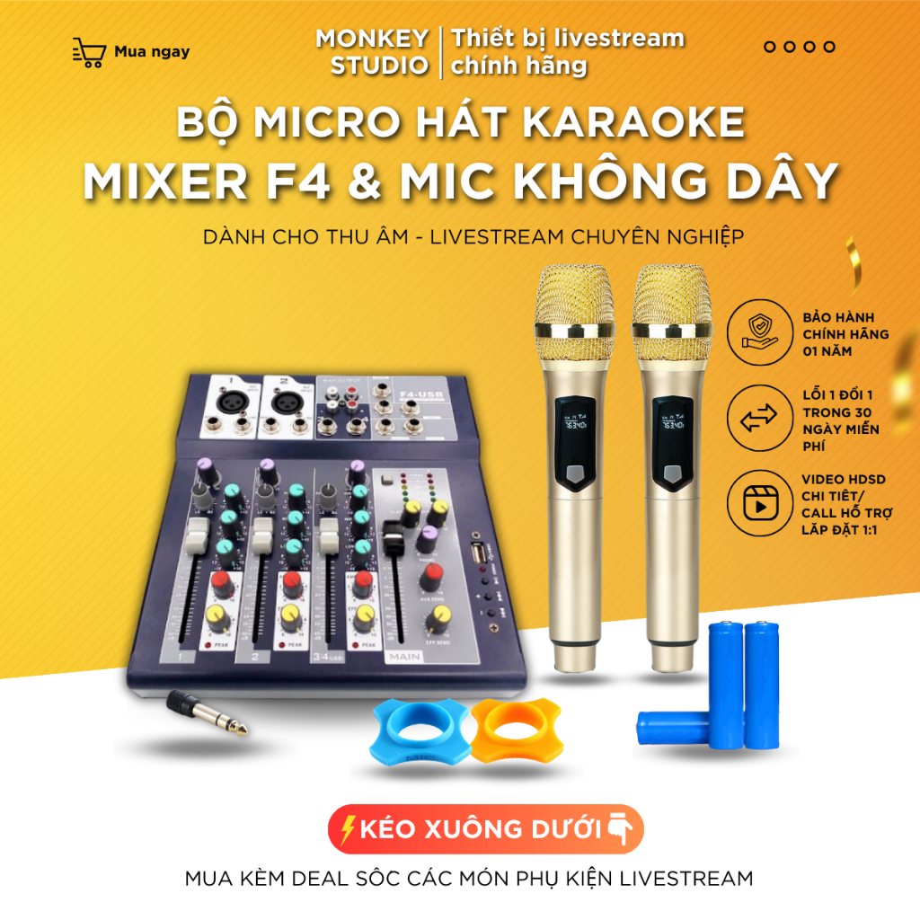 Bộ Mic Không Dây Hát Karaoke Mixer F4 Kèm 2 Tay Mic dành cho Loa Kéo, Loa vi tính, Loa gia đình, Monkeystudio
