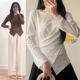 Áo thun xoắn eo tay dài cổ tròn vạt nhọn chéo thun gân dày dặn phong cách Hàn Quốc Rasun