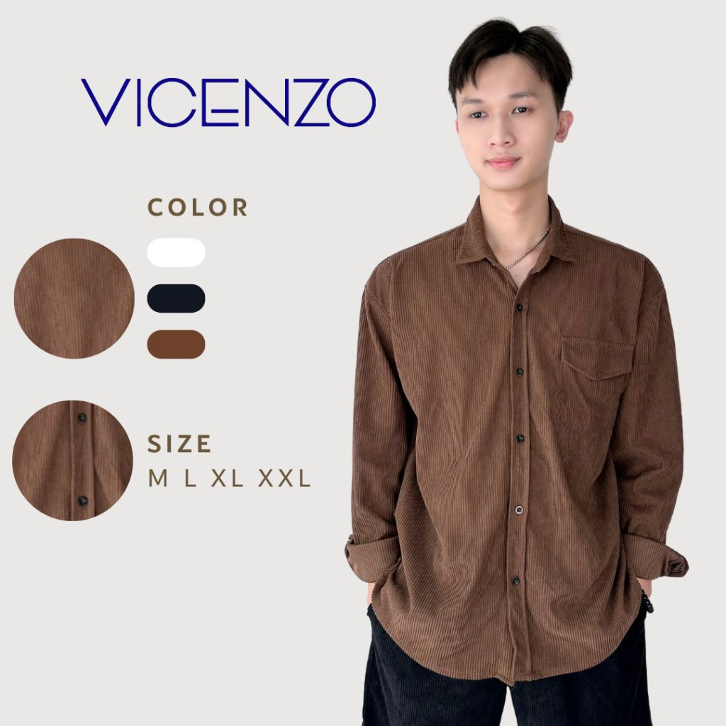 Áo Sơ Mi Nam Form Rộng Nhung Tăm Dài Tay VICENZO. Sơ Mi Nam Dáng Rộng Tay Dài Chất Nhung Tăm