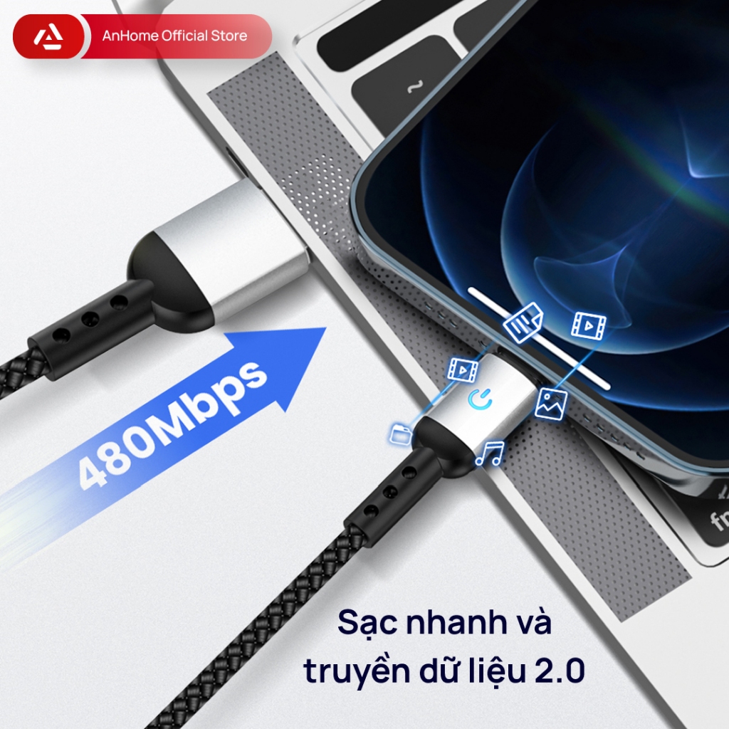 Cáp dù 1.2m sạc nhanh AnHome USB thích hợp cho iPhone X/11/12/13/14 Mini Pro Max có đèn báo LED