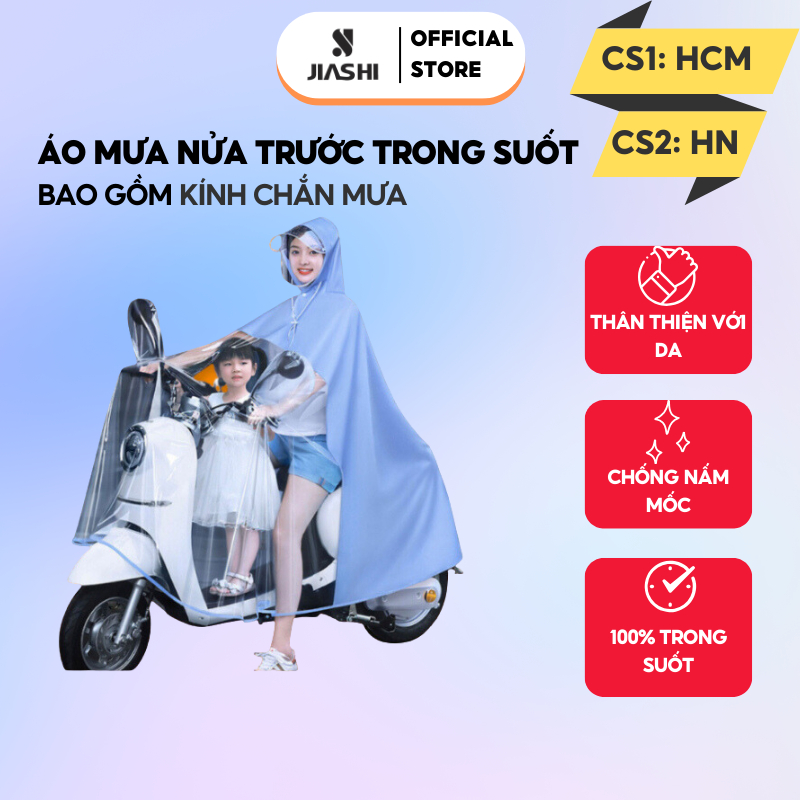 Áo mưa nửa trước trong suốt cho mẹ và bé, che phủ toàn thân, tà áo siêu rộng kèm kính chắn mưa AMP02