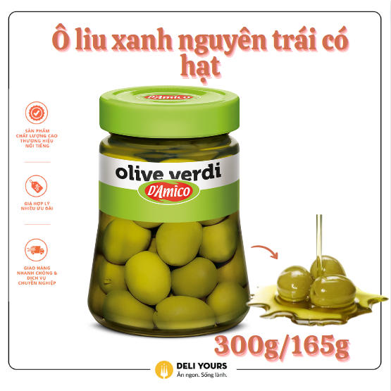 Oliu Xanh Nguyên Trái Có Hạt 300gr/165gr D'Amico từ Ý 100%