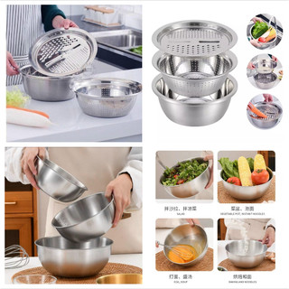 [5❤️][FREESHIP] BỘ 3 MÓN THAU, RỔ INOX BÀO RAU, CỦ, QUẢ - 3 THỐ INOX TRỘN BỘT, ĐỒ ĂN CHIA VẠCH [HCM]