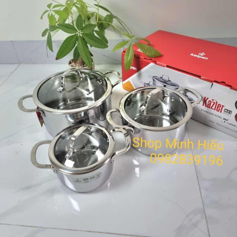 Bộ nồi inox 3 lớp đáy liền Kalpen Kazler KZ1 size 16-20-24cm dùng cho mọi loại bếp (Lỗi Đổi Mới)