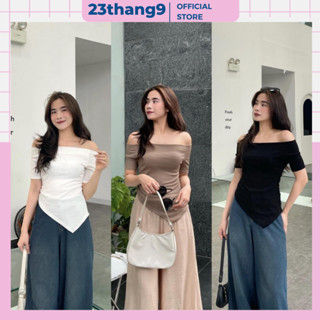 Áo thun trễ vai , áo thun tay ngắn vạt nhọn chéo màu trắng màu đen chất thun tăm gân dày dặn phong cách Hàn Quốc  A163