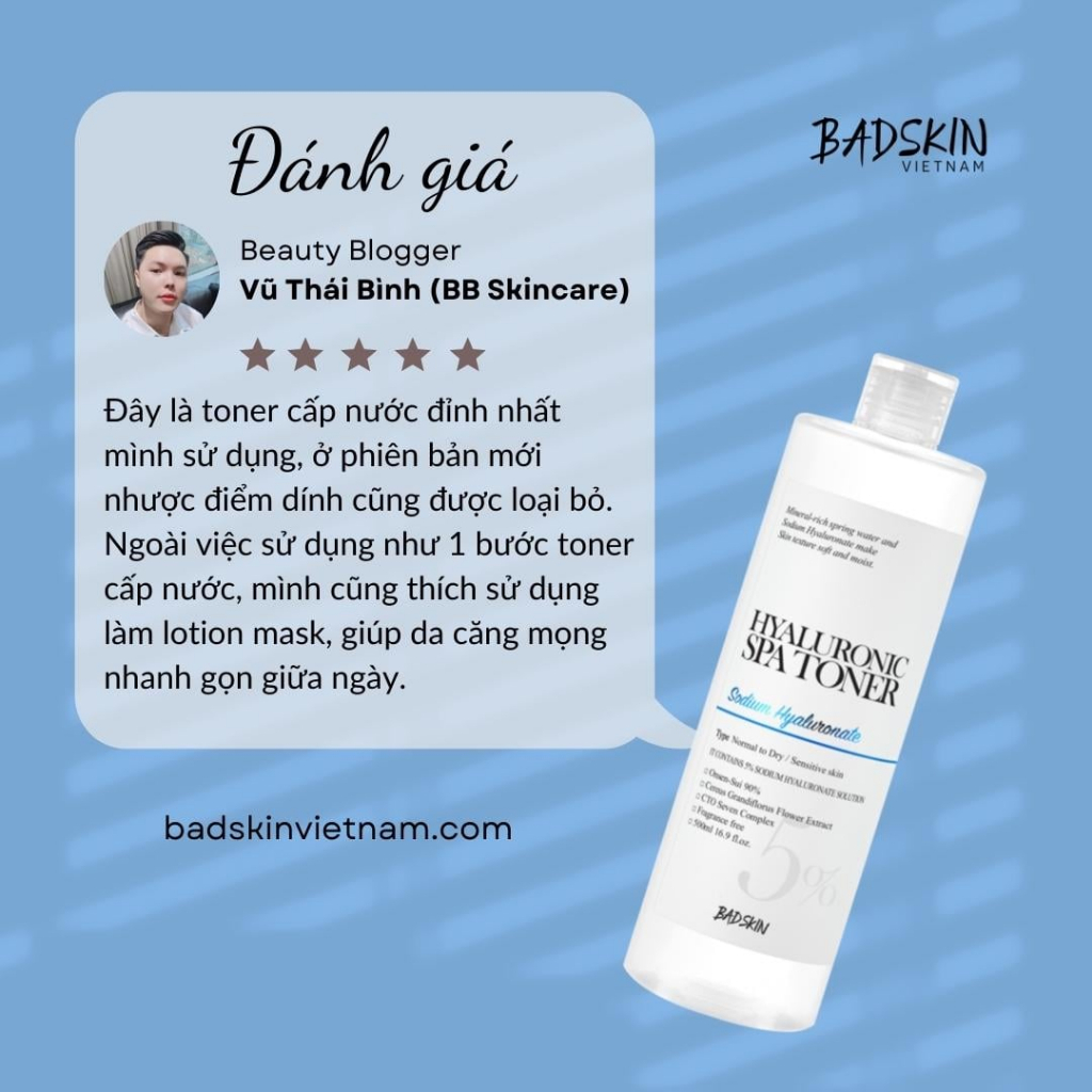 Nước hoa hồng Toner Badskin Hyaluronic Spa Toner 500ml  cấp ẩm da