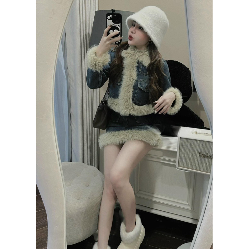 Set Áo Khoác Mix Chân Váy Jeans Viền Lông QC