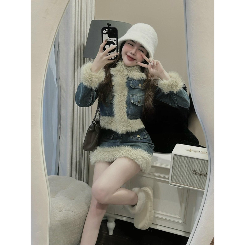 Set Áo Khoác Mix Chân Váy Jeans Viền Lông QC