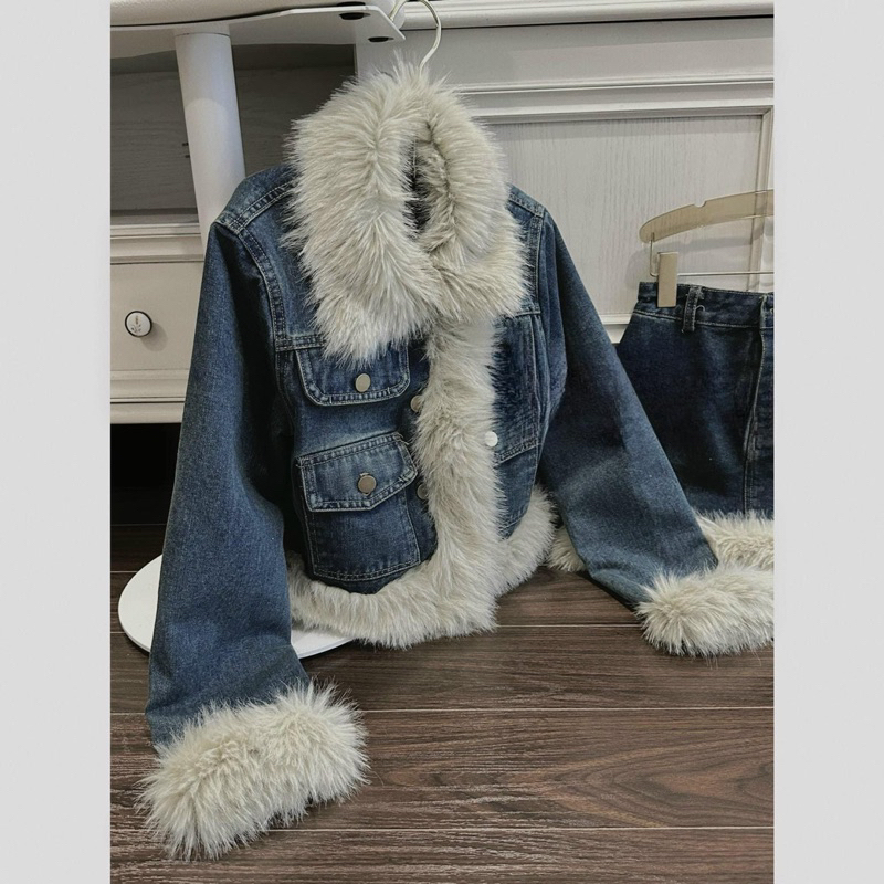 Set Áo Khoác Mix Chân Váy Jeans Viền Lông QC