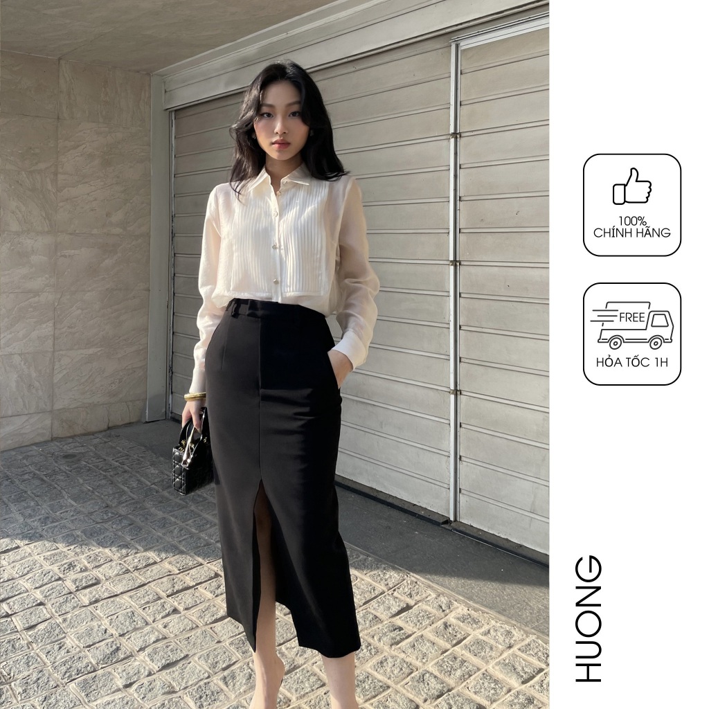 Áo sơ mi organza tơ tằm xếp gân cầu ngực HUONG BOUTIQUE HBSM1030