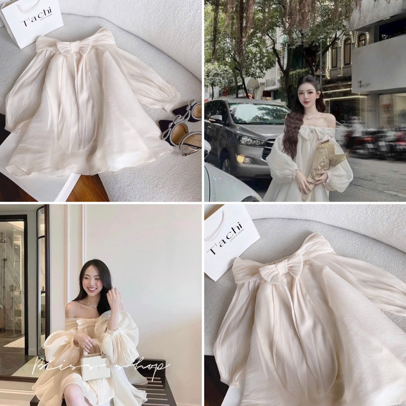 Đầm babydoll tay phòng Voan Nude trễ vai nơ ngực