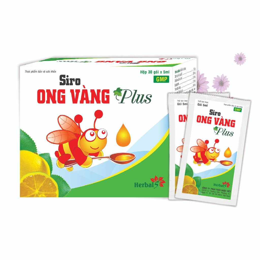 Siro ho Ong Vàng  thành phần thảo dược làm ấm, giảm đau, ngứa rát họng, ho, đàm, khàn tiếng do cảm dạng chai / gói
