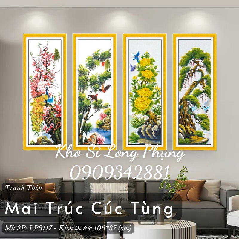 Tranh thêu Chữ Thập Tứ Quý Đào Lan Cúc Trúc Lp5115:106x47 cm (chưa thêu)
