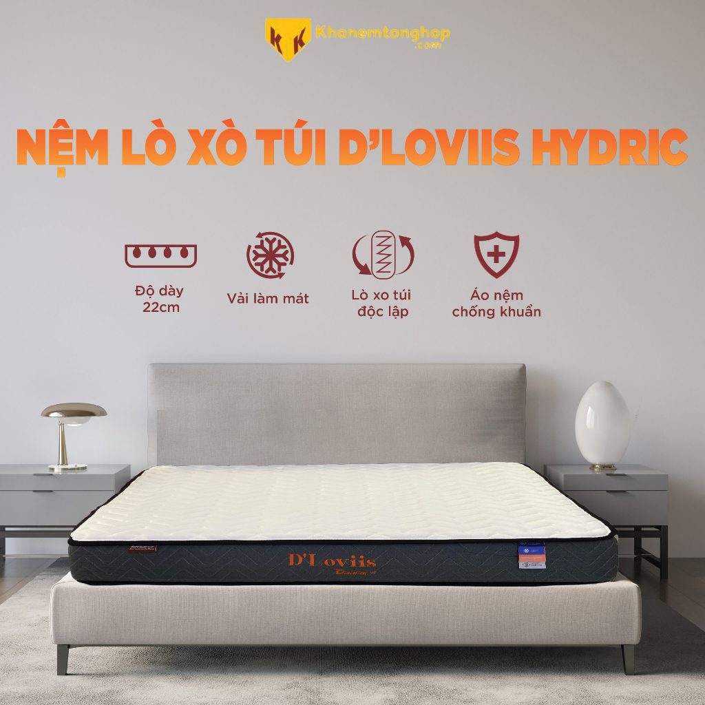 Nệm lò xo túi D'Loviis Hydric - Nệm Massage Chính Hãng cao cấp, êm ái, kháng khuẩn