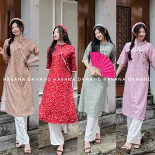 Áo dài cách tân nữ hoa nhí tay lửng viền cúc tàu đính nơ tặng kèm mấn cùng màu áo HAVANA AD19