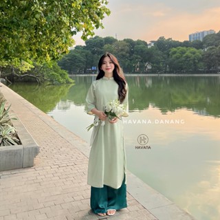 Set áo dài cách tân nữ lụa trơn đính cúc ngọc kèm quần phối màu HAVANA AD05