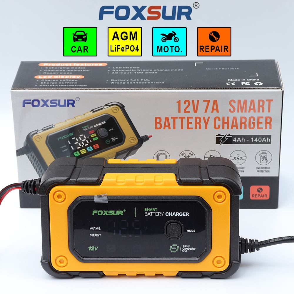 Sạc bình ắc quy Foxsur 12V 7A 4Ah - 140Ah tự ngắt khử sunfat chống ngược cực