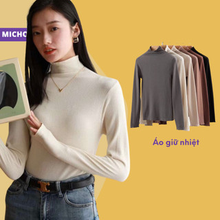 Áo Giữ Nhiệt Nữ Thun MICHOO Vân Hạt Gạo Cổ 3 phân Cotton Mềm Mại