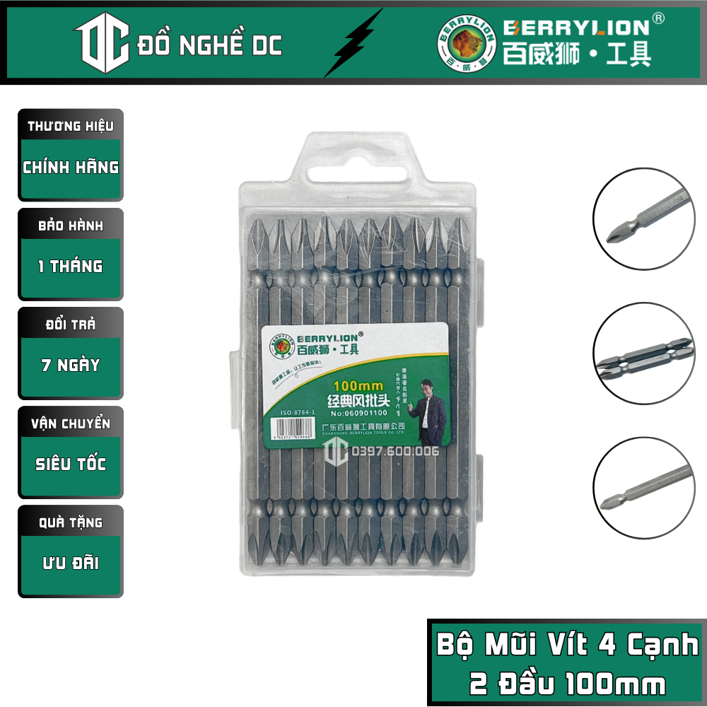 Bộ Mũi Vít, Mũi Bắn Vít Bake PH2 4 Cạnh 2 Đầu 100mm 060901100 Berrylio