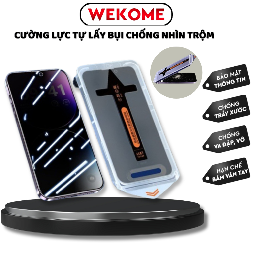 Kính cường lực iphone tự lấy bụi chống nhìn trộm WEKOME,có khung tự dán và bảo vệ màng loa 11 12 13 pro max  14 15promax