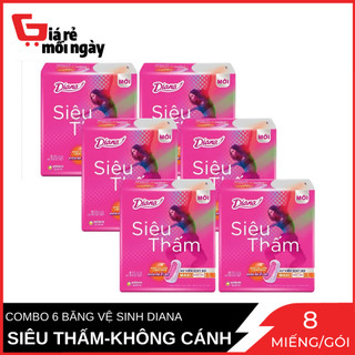 Combo 6 Băng vệ sinh Diana Siêu thấm Maxi không cánh 8 miếng/gói