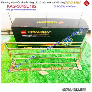 Thanh treo khăn tắm Tovashu KAG-304SU192, Giá treo khăn phòng tắm Inox hộp cao cấp SUS304 Nhật Bản