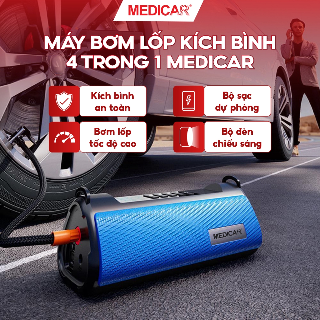 Bơm lốp kích bình xe hơi Medicar 4 trong 1. Bơm 3-5p, kích bình an toàn, bộ sạc dự phòng, bộ đèn chiếu sáng pin 12000mAh