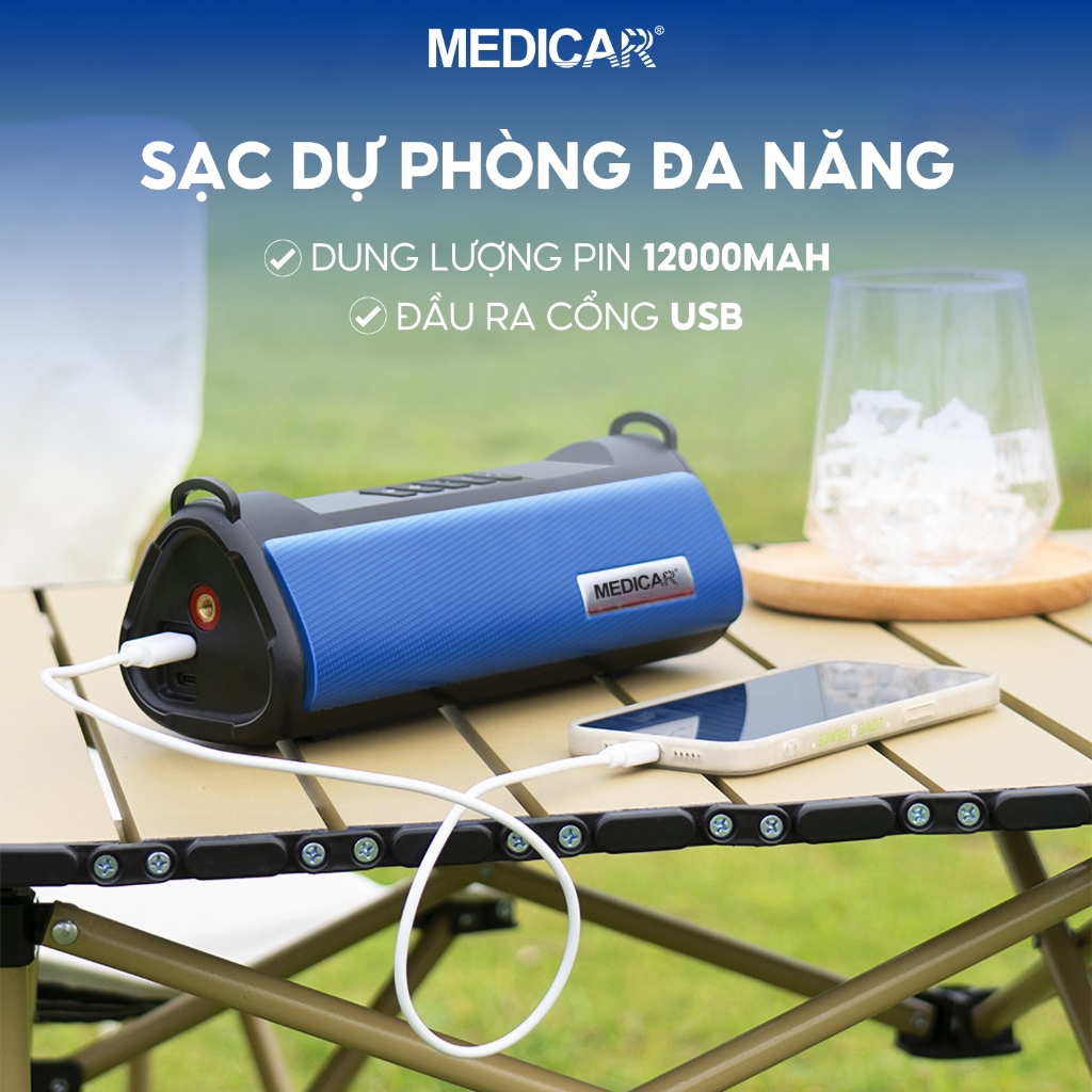 Bơm lốp kích bình xe hơi Medicar 4 trong 1. Bơm 3-5p, kích bình an toàn, bộ sạc dự phòng, bộ đèn chiếu sáng pin 12000mAh