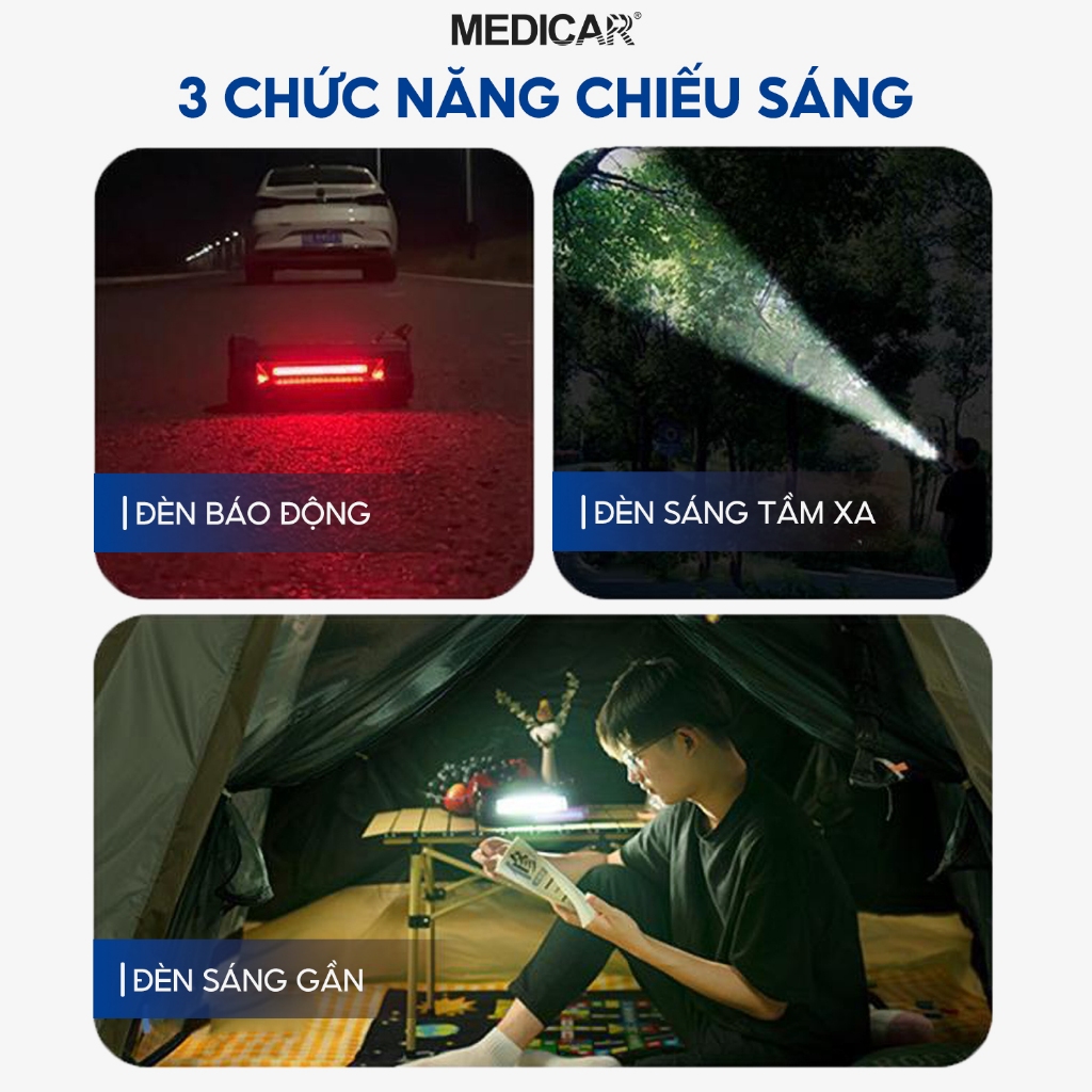Bơm lốp kích bình xe hơi Medicar 4 trong 1. Bơm 3-5p, kích bình an toàn, bộ sạc dự phòng, bộ đèn chiếu sáng pin 12000mAh