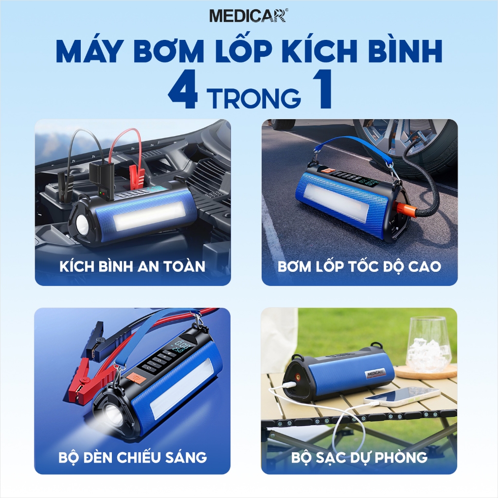 Bơm lốp kích bình xe hơi Medicar 4 trong 1. Bơm 3-5p, kích bình an toàn, bộ sạc dự phòng, bộ đèn chiếu sáng pin 12000mAh