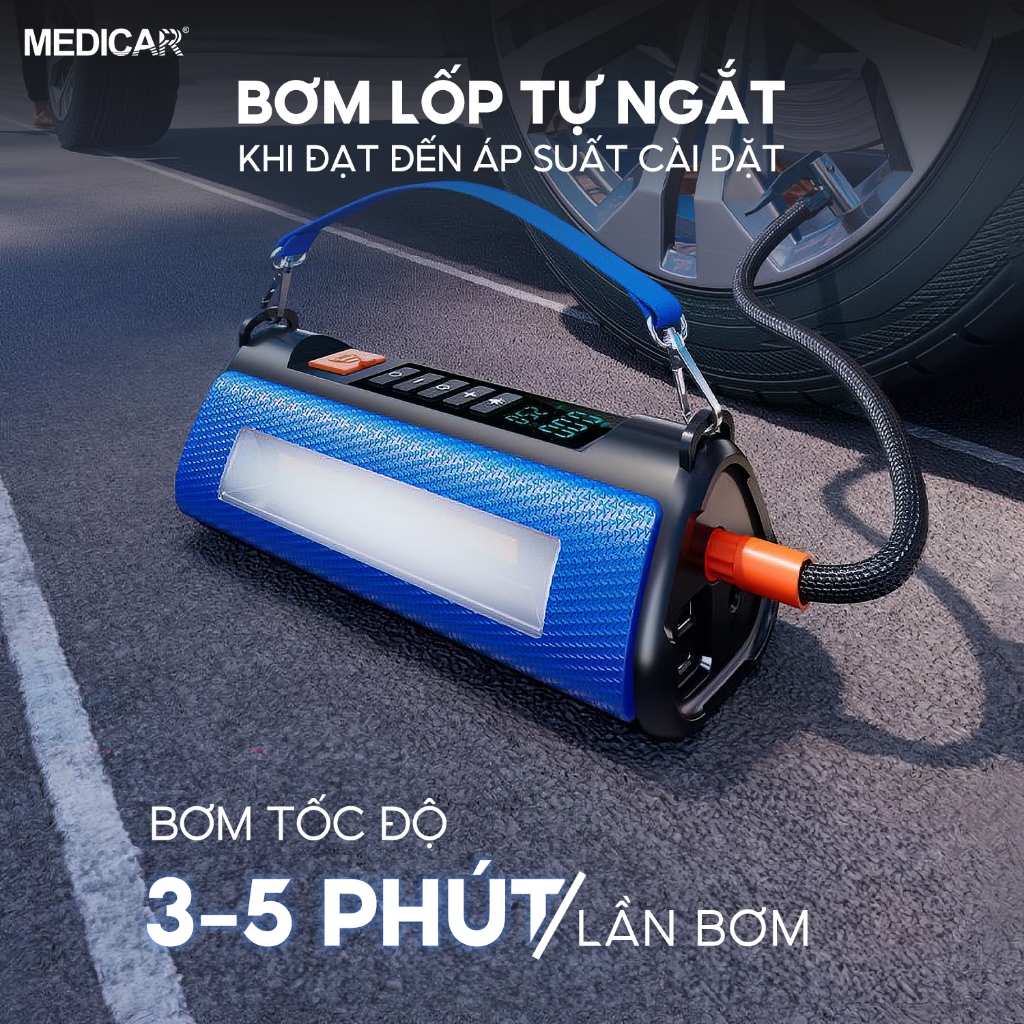 Bơm lốp kích bình xe hơi Medicar 4 trong 1. Bơm 3-5p, kích bình an toàn, bộ sạc dự phòng, bộ đèn chiếu sáng pin 12000mAh