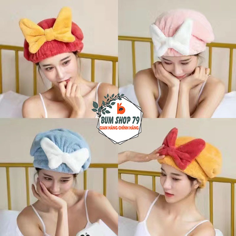 Khăn Ủ Tóc Nhanh Khô Họa Tiết Nơ Xinh Xắn Trẻ Trung, Mũ Chùm Đầu Chất Liệu Vải Cotton Mềm Mịn Thấm Hút Tốt Cho Bạn.