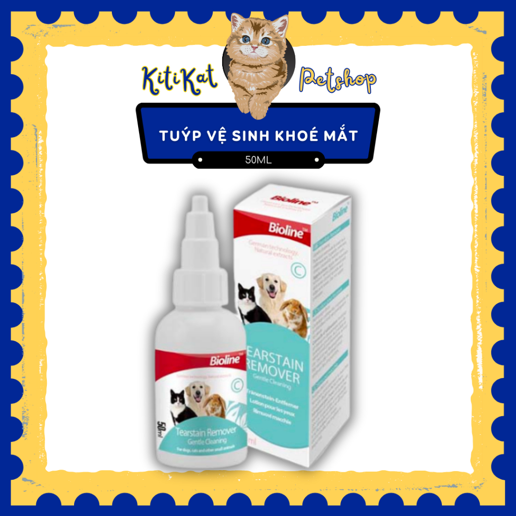 Dung dịch vệ sinh khóe mắt cho chó mèo Bioline Tearstain Remover, Nước vệ sinh tẩy vế ố mắt cho thú cưng chính hãng Đức