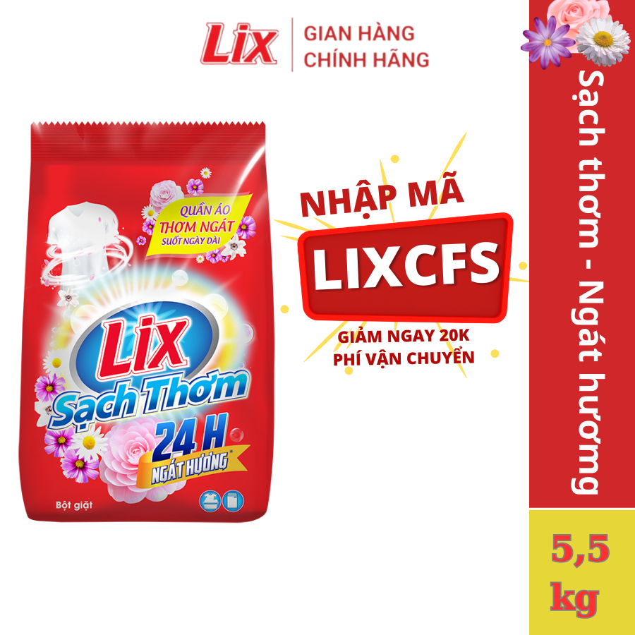 Bột giặt Lix Sạch Thơm hương hoa 5.5kg ES550 tăng gấp đôi sức mạnh giặt tẩy, dùng cho giặt tay, máy - Lixco Việt Nam