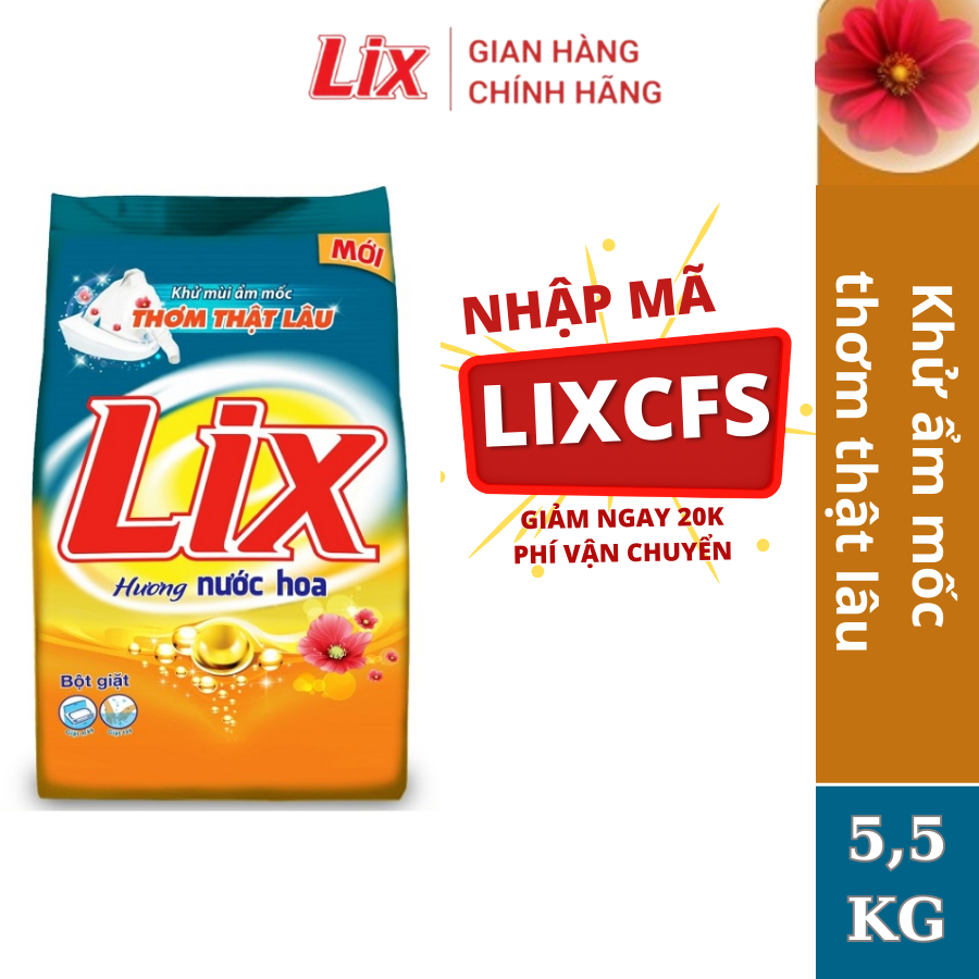 Bột giặt Lix đậm đặc hương nước hoa thơm mát 5,5 Kg PD575 giúp loại bỏ ẩm mốc làm sạch mọi vết bẩn cứng đầu giữ quần áo