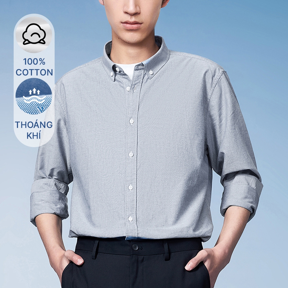 HLA - Áo sơ mi nam dài tay công sở phối chữ 100% cotton Button-down classic long-sleeved 100% cotton Shirt