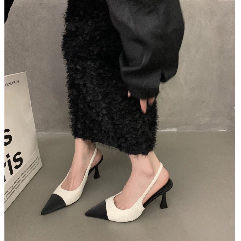 Giày cao gót vải tweed mũi nhọn phối màu hở gót đơn giản hot trend Douyin