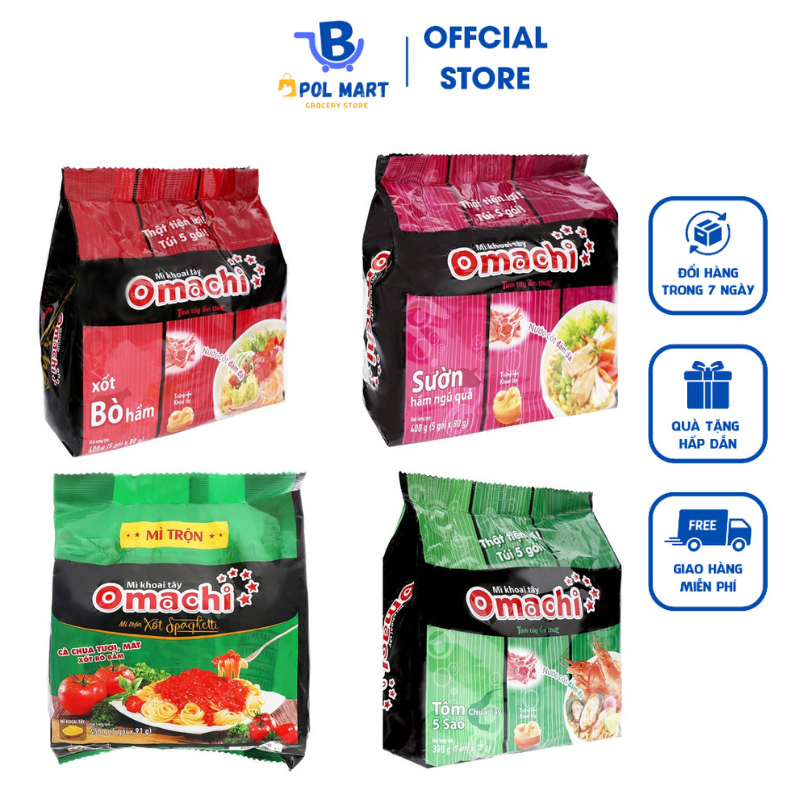 Mì Omachi Bò Hầm, Sườn, Tôm, Spagety Omachi lốc 5 góix80g POL MART