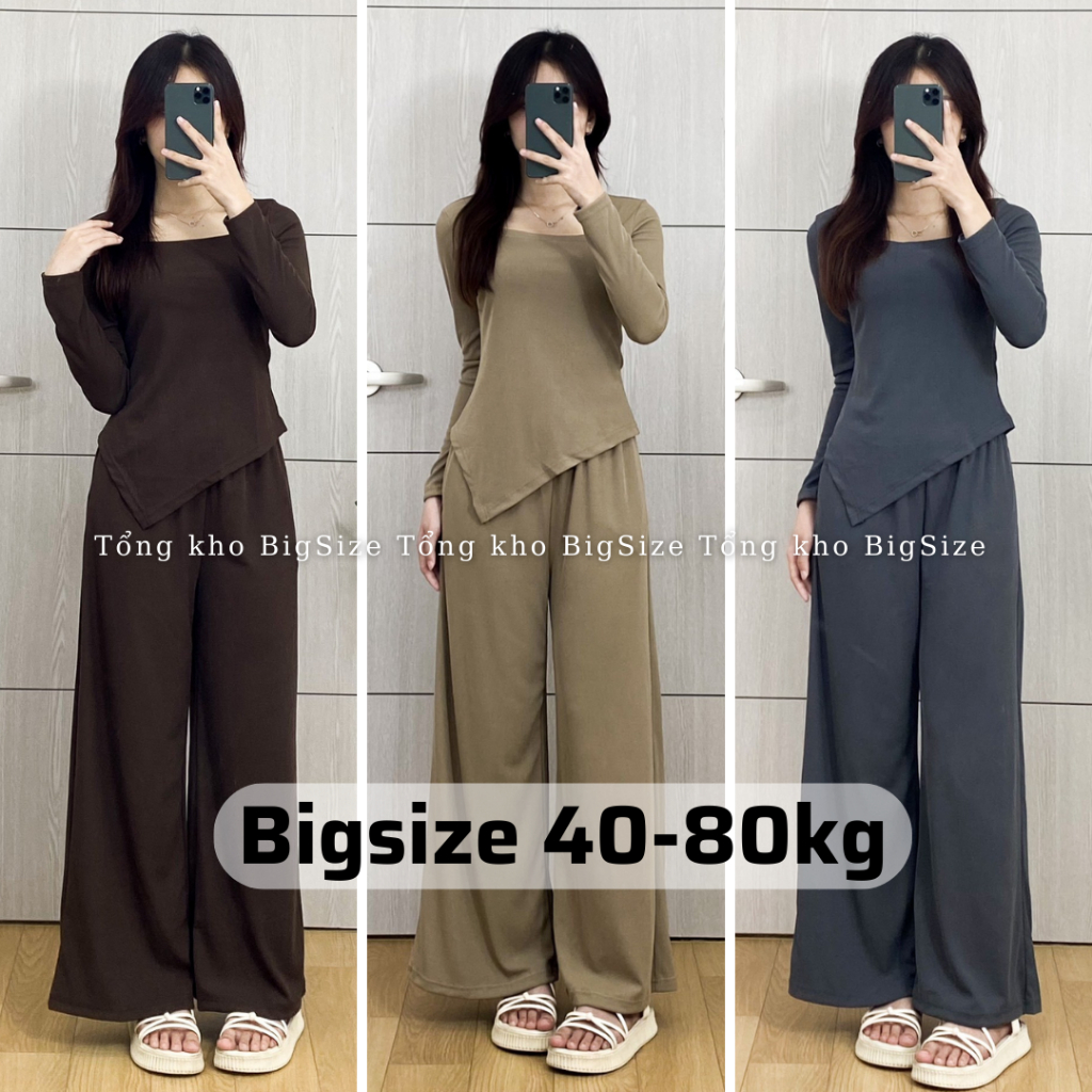 Set nữ BIGSIZE bộ áo thun tăm cổ vuông dài tay kèm quần culottes 191