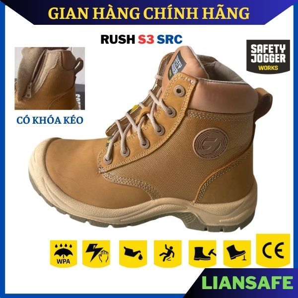 Giày bảo hộ lao động nam Jogger Rush S3 Camel chống đinh - Giày bảo hộ cổ cao chống nước da bò - mũi thép - thời trang
